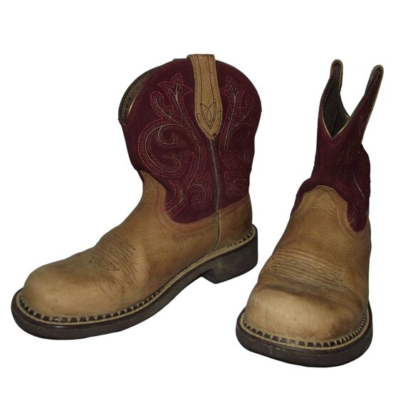 Ariat Fatbaby Heritage Boots Womens Size 7.5B Burgundy Tan Brown Cowgirl - Picture 1 of 16